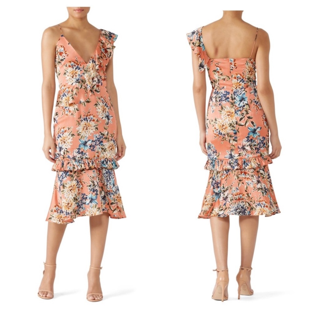VONE Yuli Floral Printed Midi Dress Fairy Wedding Guest Peach Ruffles Size 4